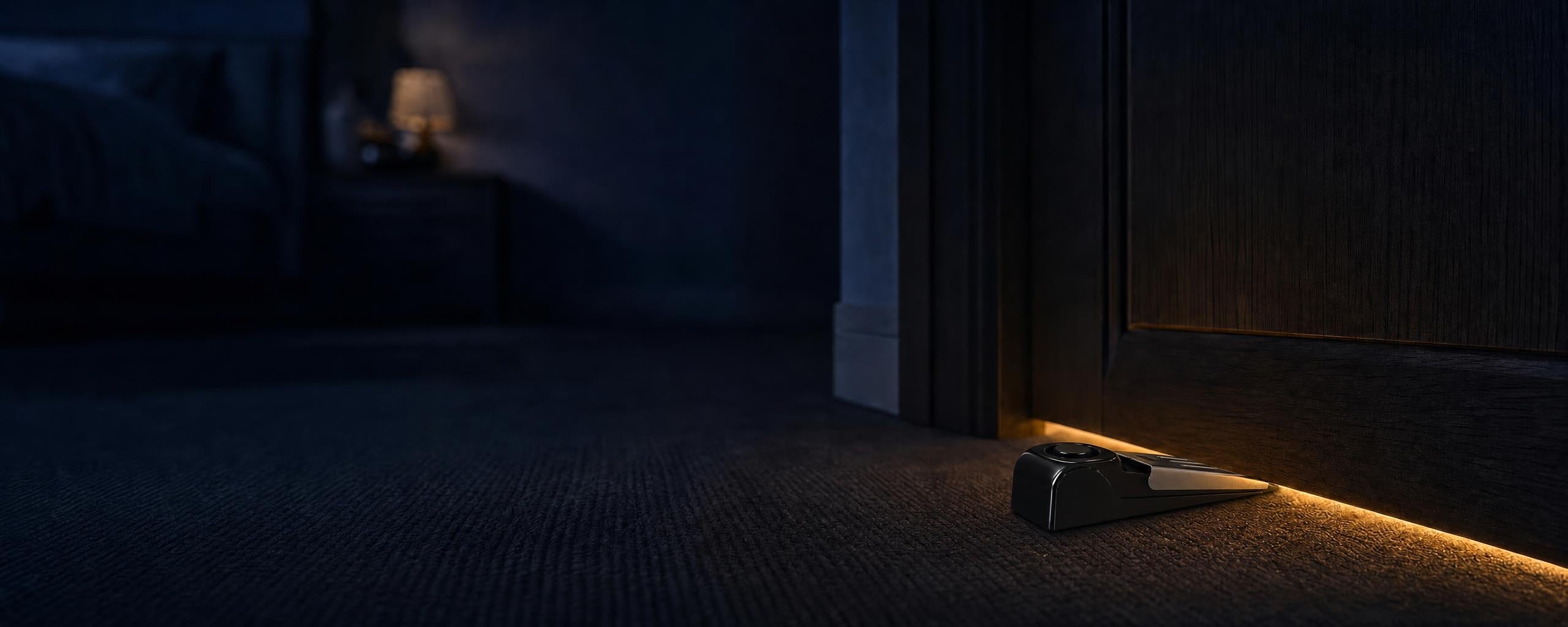 Xeravos DoorGuard wedged under a hotel room door at night